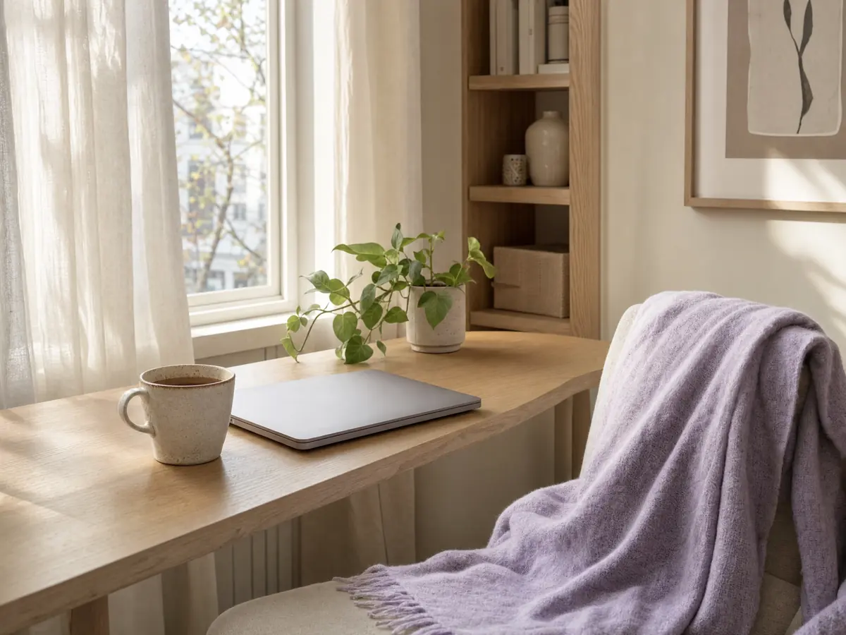 A quiet corner at home with tea and a laptop, ready for an online session