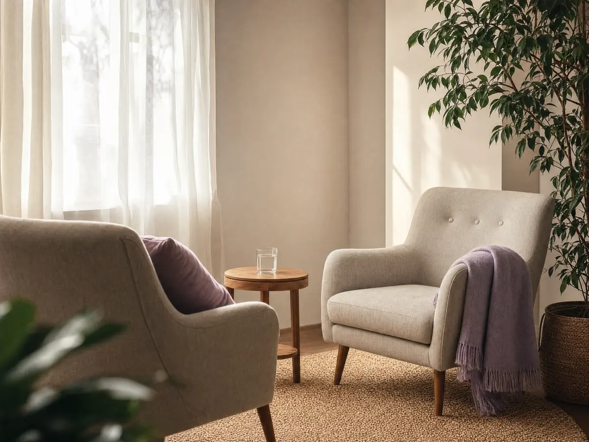 A calm, softly lit counselling room with two armchairs